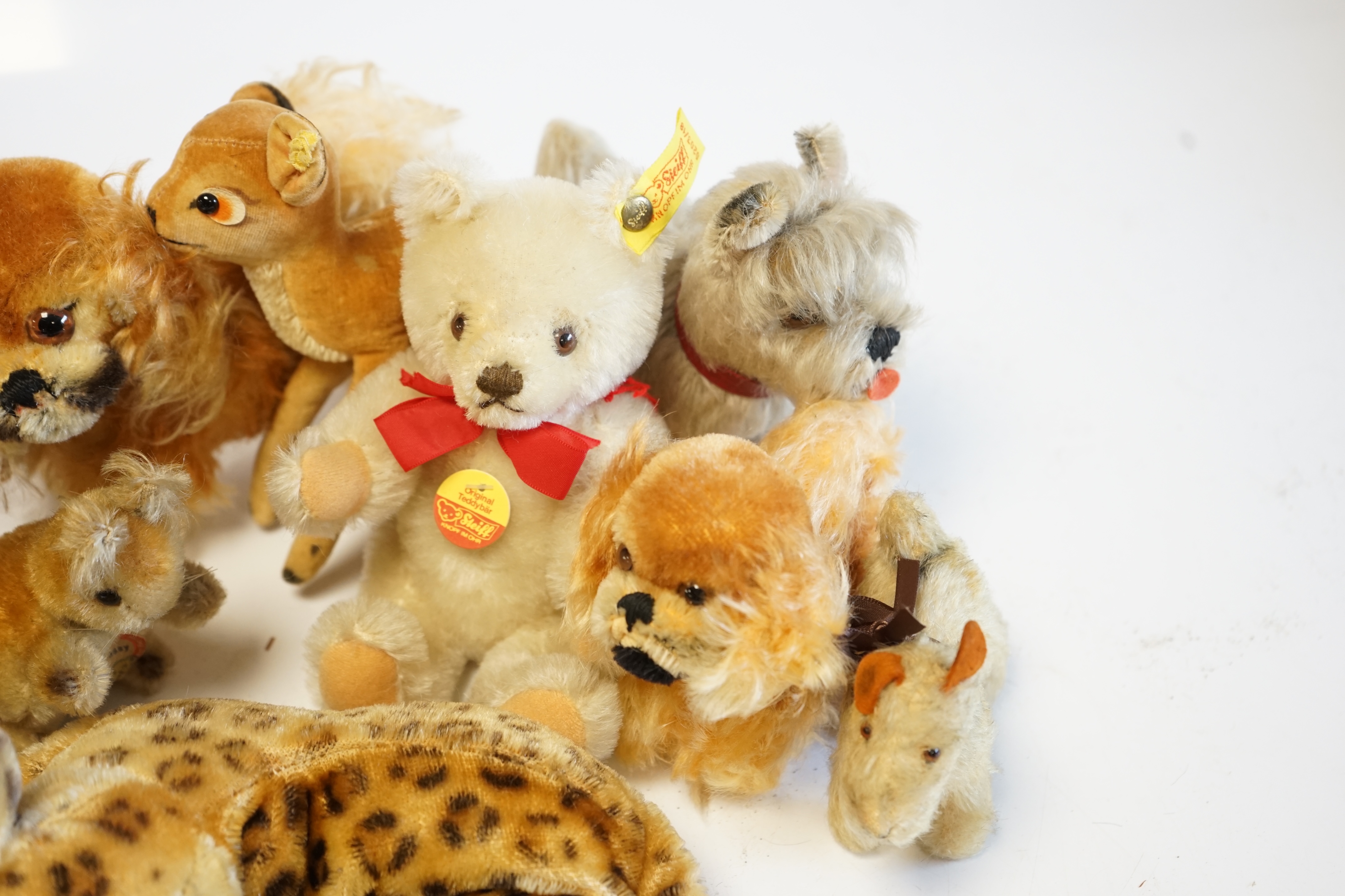 Assorted 1960's Steiff animals including three Petsy small white original teddy, Wittie owl and others (10). Condition - fair